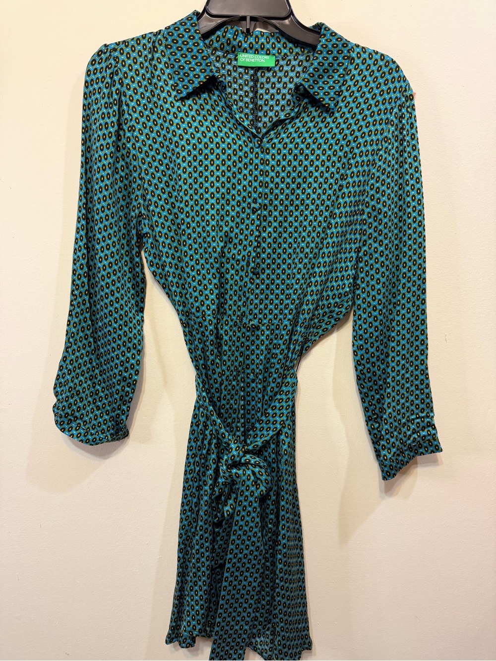 United Colors Of Benetton Teal and Black Geometric Long Sleeve Dress